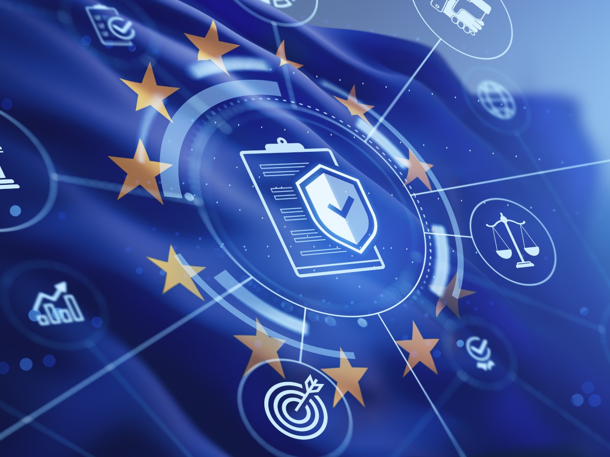 An EU flag with cybersecurity iconography around it.