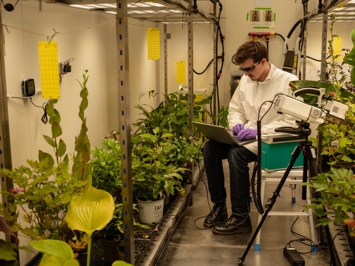 A young man in lab gear working in a plant-filled laboratory.