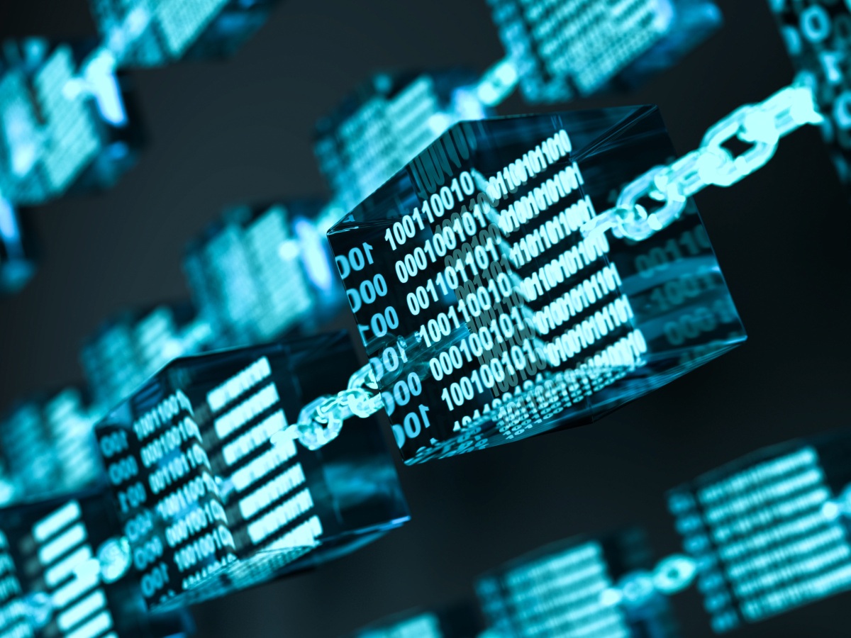3D illustration of transparent cubes with binary code connected with chains.
