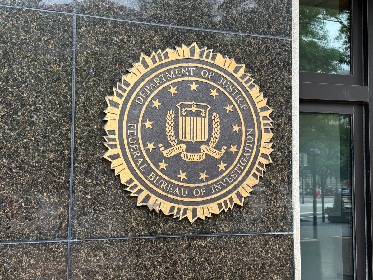 A picture of the FBI official seal on the side of its headquarters in Washington DC.