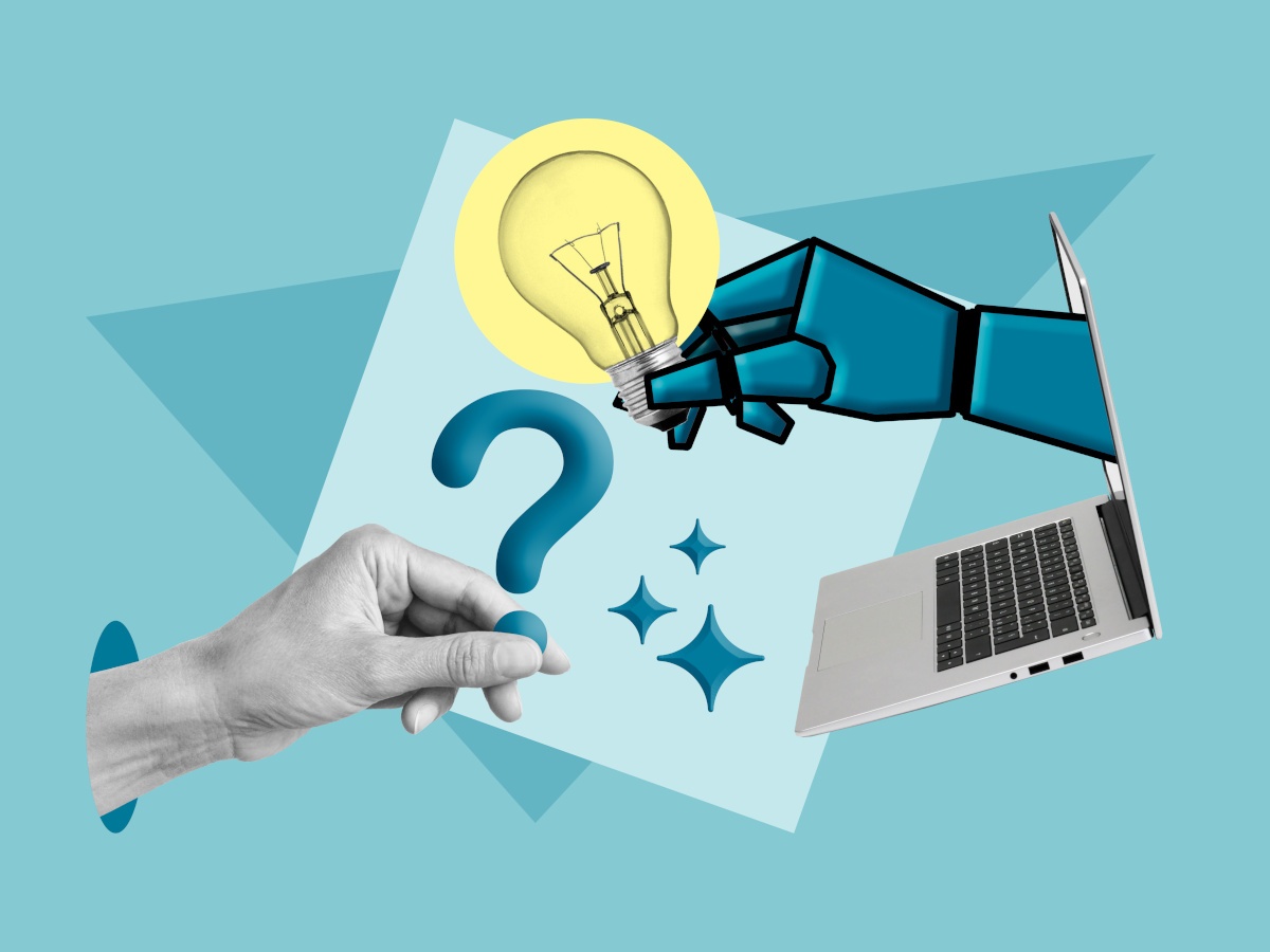 A digital collage of a human hand holding a question mark reaching towards an illustrated robot hand emerging from a laptop holding a lightbulb.
