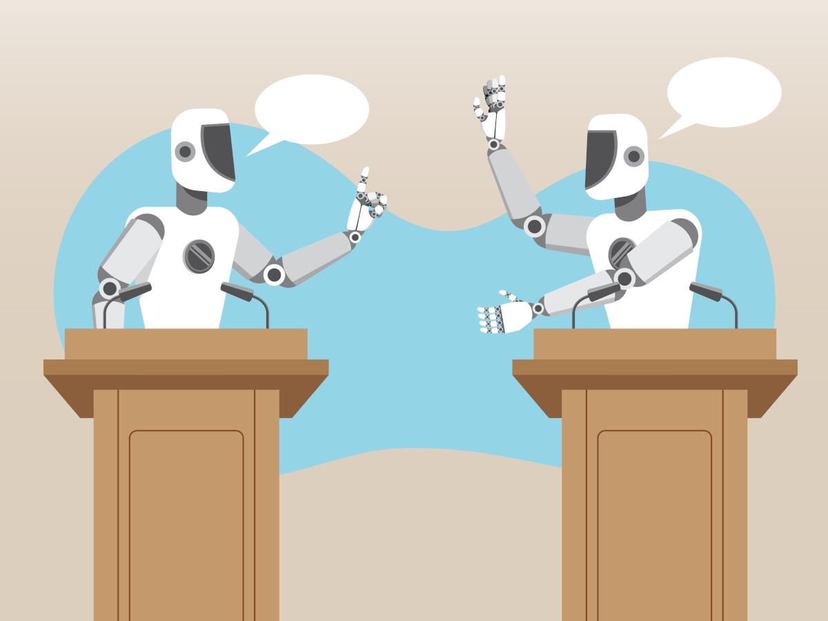 A cartoon of AI bots debating with one another.