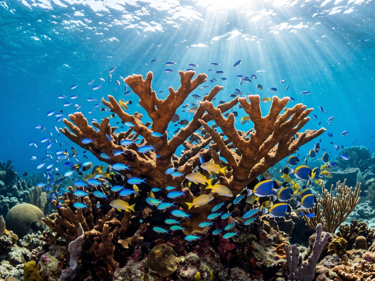 A picture of a coral reef in Venezuela with sun shining through the water.
