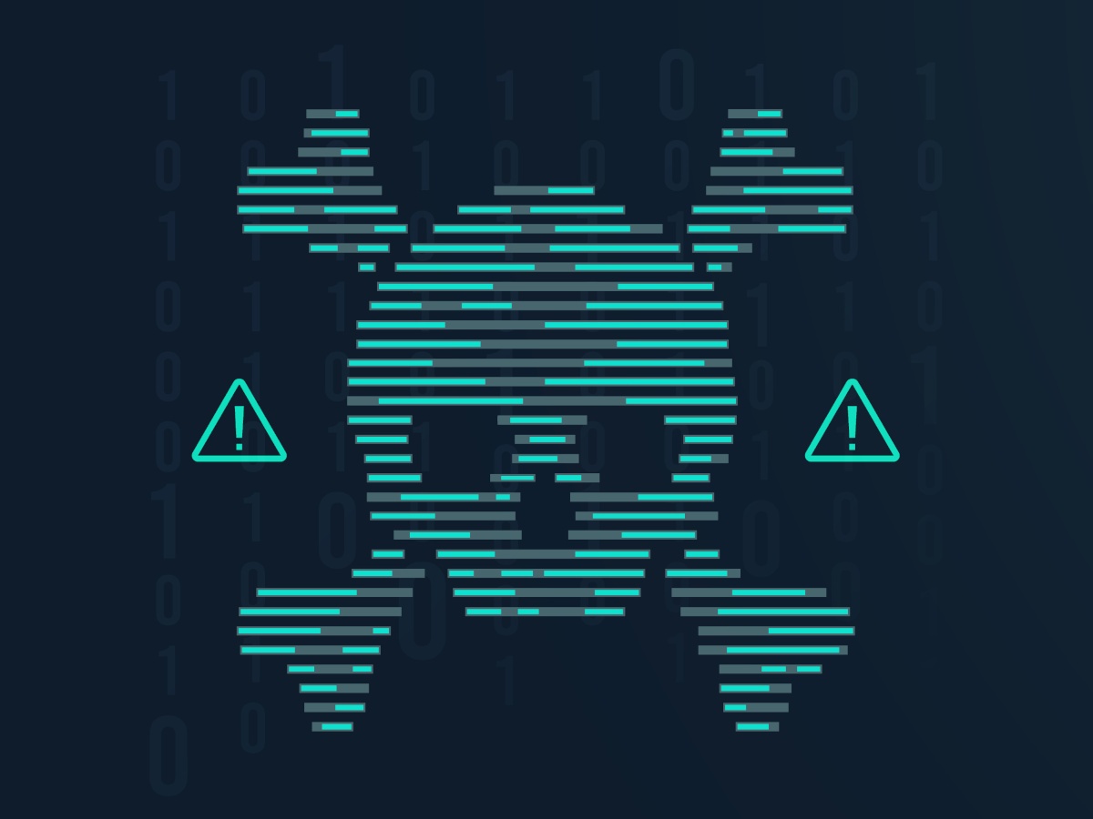 A digital drawing of a skull and crossbones made up of green digital lines with two warning signs on either side of the image.