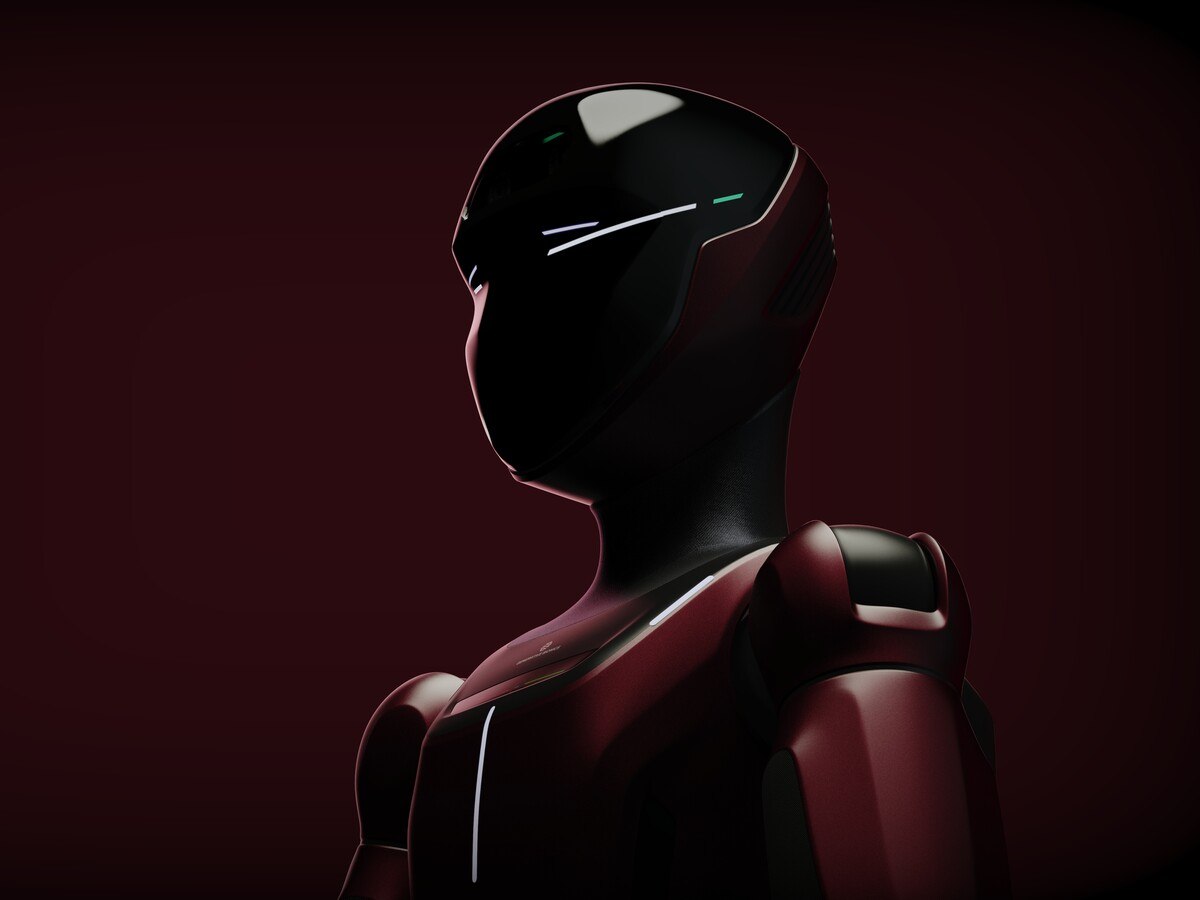 Concept image of a humanoid robot bust with a maroon red background.