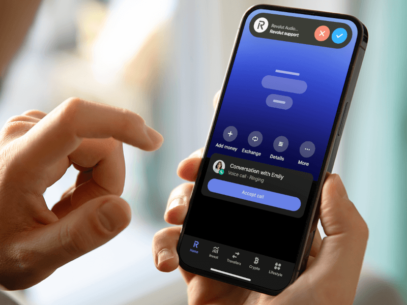 A person is shown using Revolut’s new In-App Calls feature, which was set up in an attempt to combat scammers.