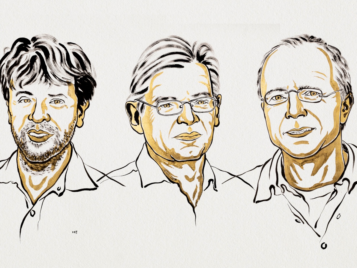 An illustration of hand-drawn effect showing three scientists, all men, looking at the viewer.