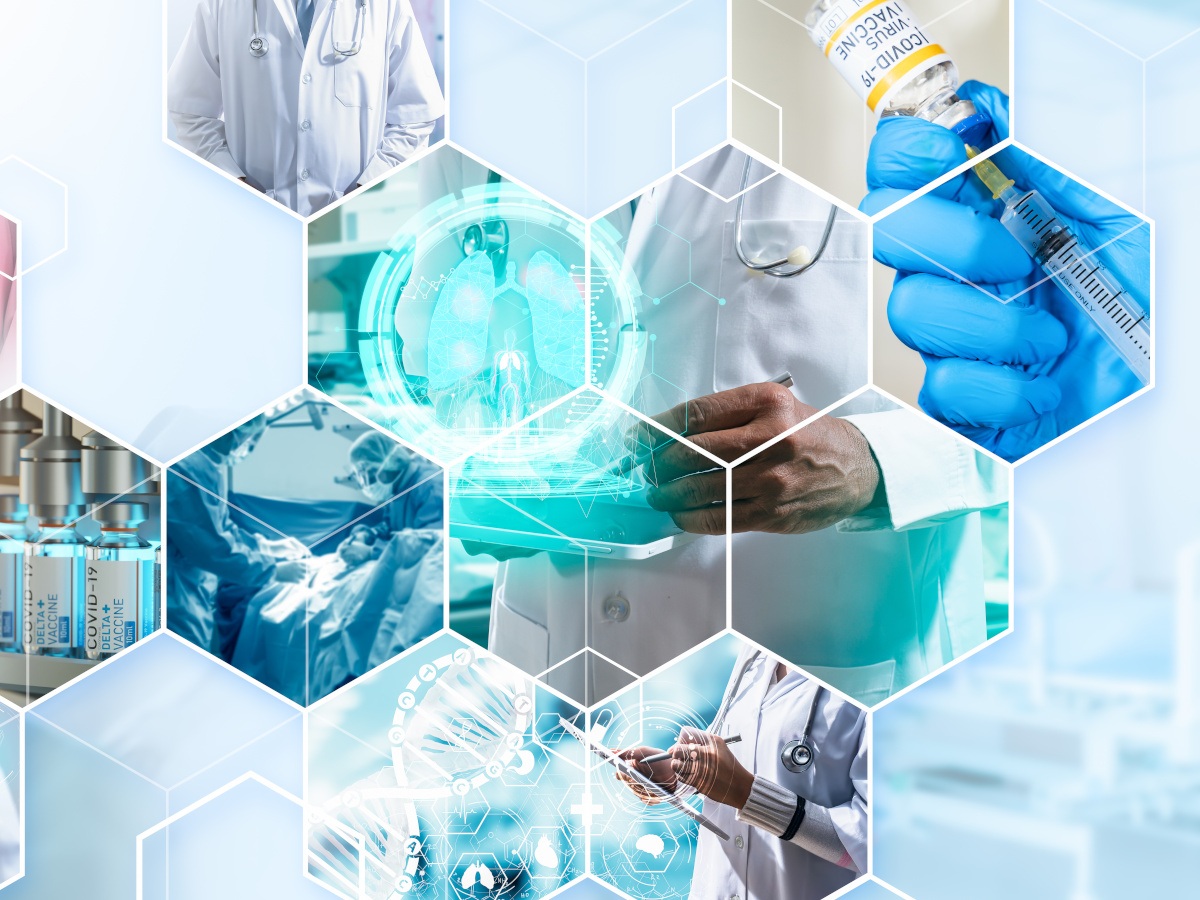 Medical imagery in hexagon shaped cut outs.