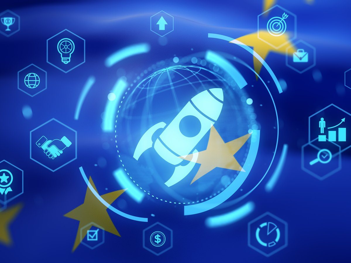A European flag with innovation iconography.